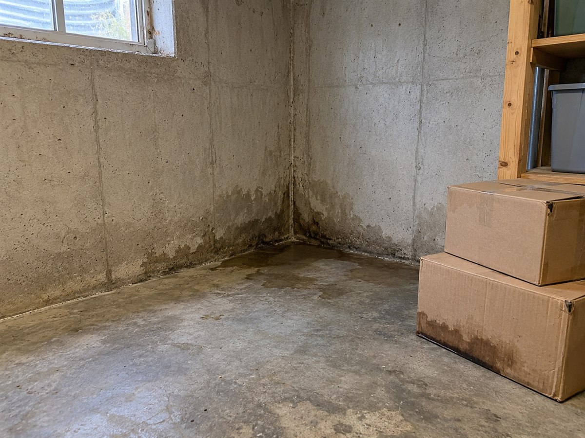 Damp, unfinished basement corner with a dark stain at the base of the wall