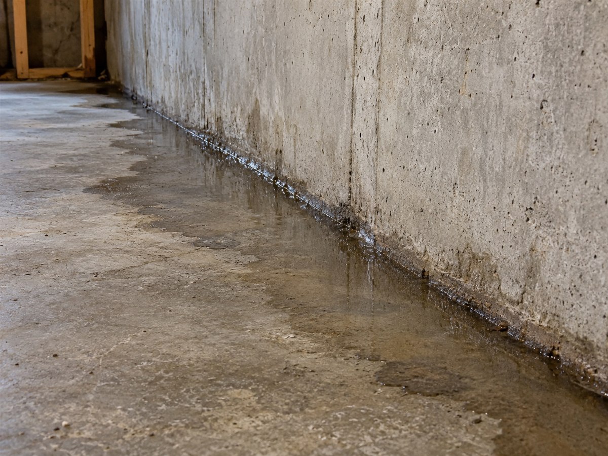 Wet strip of concrete floor along the base of a basement wall