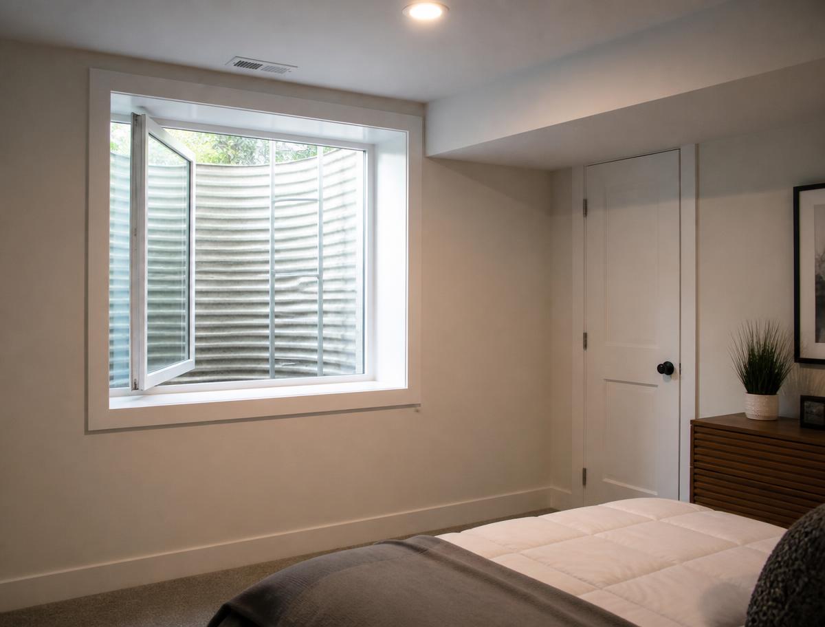 Egress window with corrugated window well in a finished basement bedroom