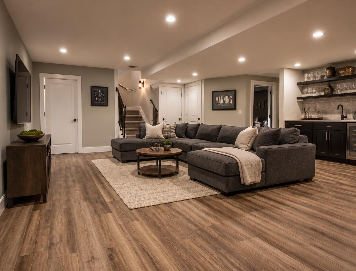 Finished basement living room with plank flooring, sectional sofa and recessed lighting
