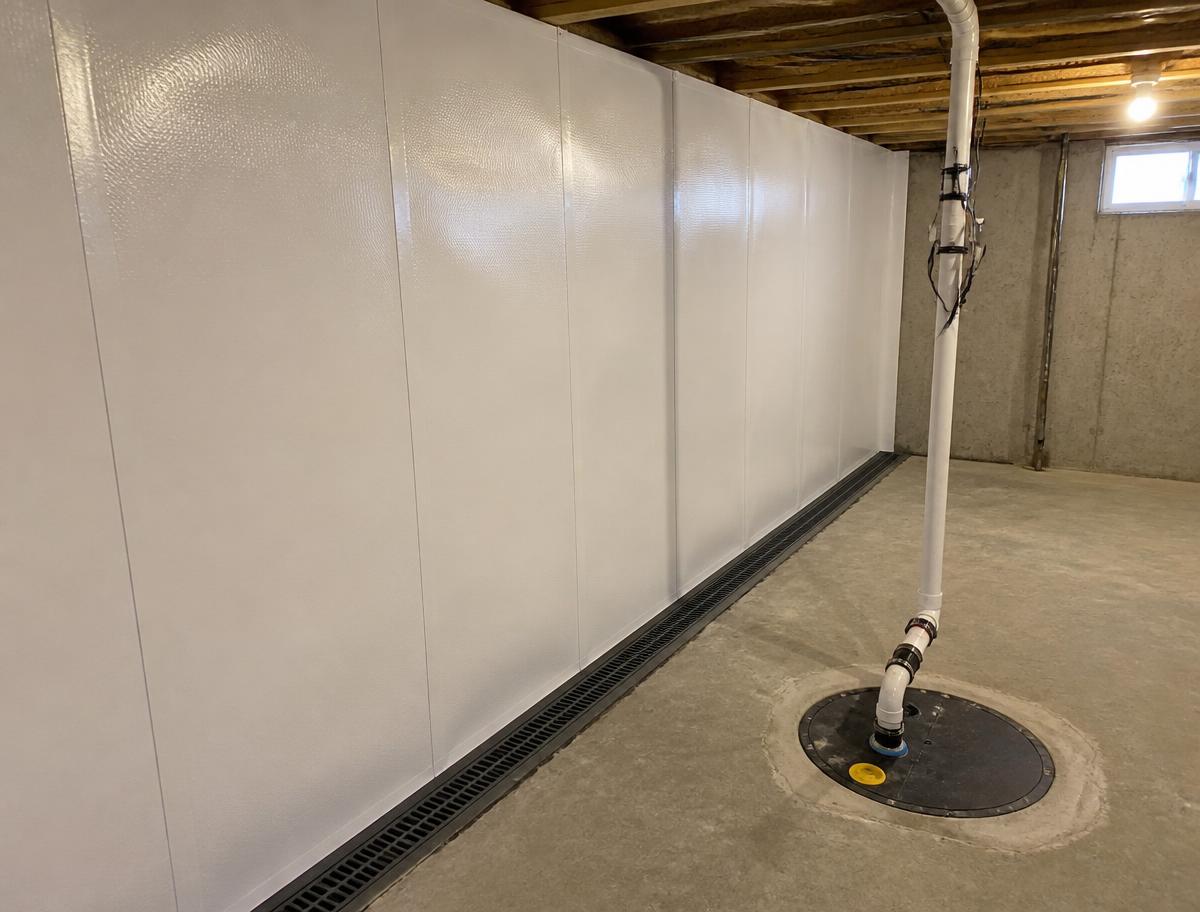 Basement waterproofing system with wall membrane, perimeter drain and sump pump